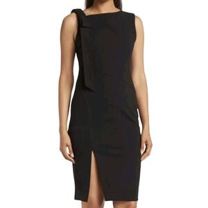 Calvin Klein Womens Black Asymmetrical Bow Sheath Dress Front Slit Size 2 NEW